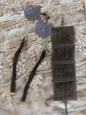 Gunmetal Beaded Fringe Bracelet and Earrings Set - Women Accessories